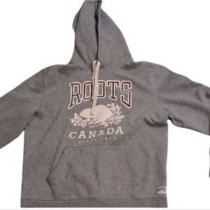 Roots Canada Hoodie Pullover Sweatshirt Men’s Grey Beaver Print Size M